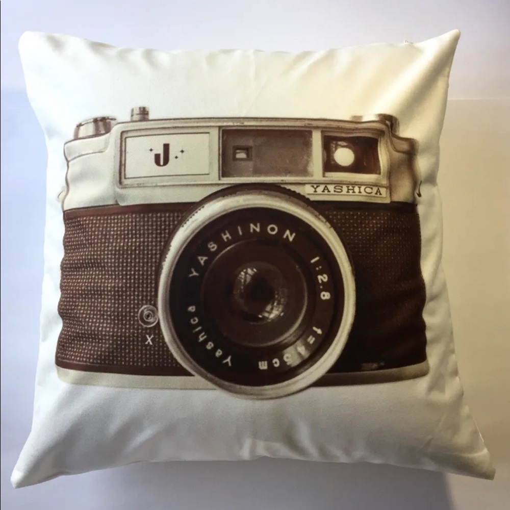 2/$20 New Off White Throw Pillow Vintage Camera Print Retro Square 17 X 17